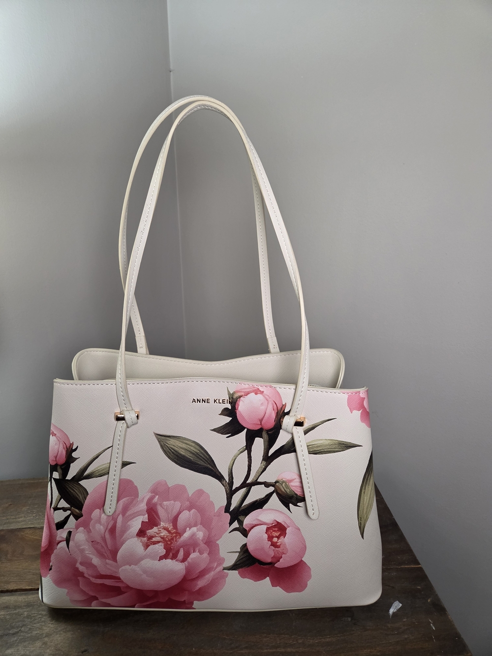 Anne Klein Saffiano Pink Peony Floral Purse Tote Satchel Shoulder Handbag Cream